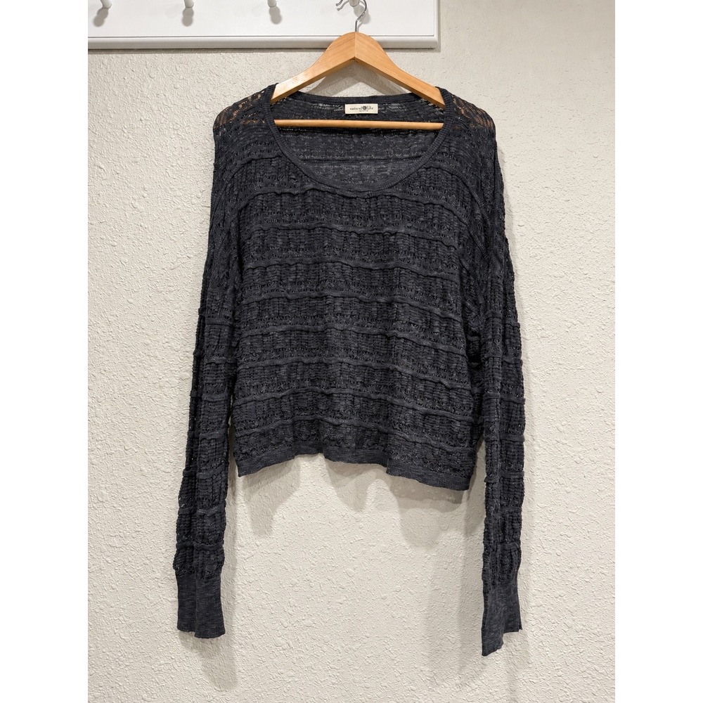 Natural Life Gray Open Knit Textured Sweater Top Womens Large Boho Cropped Slub